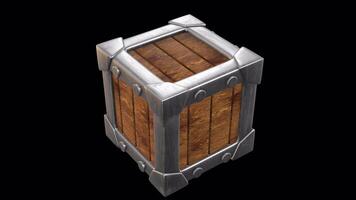 3D Wooden Crate with Metal Strips Rotating on a Transparent Background. Loop. 4K video