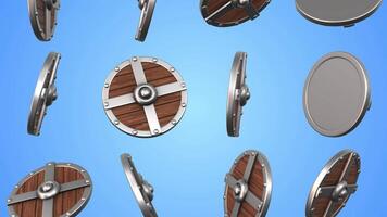 3D Game Shield Falling on a Blue Background. 3D Gaming Assets. Steel Shield. 4K video