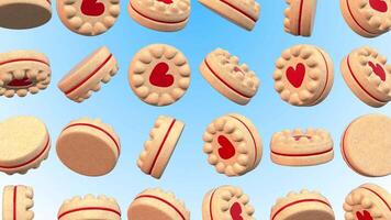 Heart Shape Cookies Falling on a Blue Background. 3D Biscuit Animation. 4K video
