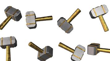 3D Game Hammers Falling on a White Background. Golden Handle and Strip. 4K video