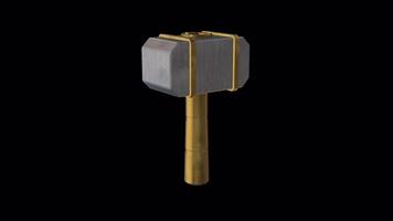 3D Game Hammer with Golden Strip Rotating on a Transparent Background. Loop. 4K video