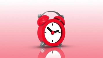 3D Camera Zooming to a 3D Clock on a Reflective Floor. Alarm Clock Icon 3D. 4K video