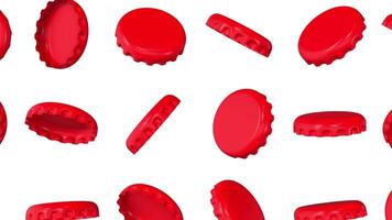 Reflective Bottle Caps Falling on a White Background. 3D Bottle Caps. 4K video