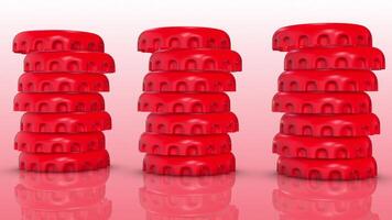 3D Bottle Caps Stack on a Reflective Floor. 3D Bottle Cap. Red Cap Icon. 4K video