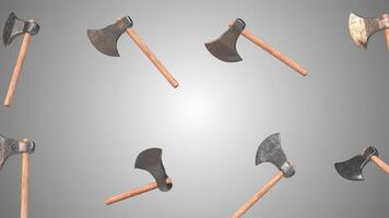 3D Wooden Axe Falling on a Grey Background. Falling Axe 3D Animation. 4K video