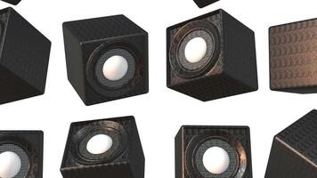 3D Speakers Falling on a White Background. Loudspeaker 3D Icon. Sound System. 4K video