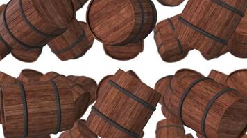 3D Wooden Barrels Falling Animation. 3D Barrels Animation. White Background. 4K video