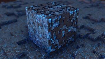 SciFi Glowing Circuit Box Animation. 3D Cube with Circuit Lines. 4K video