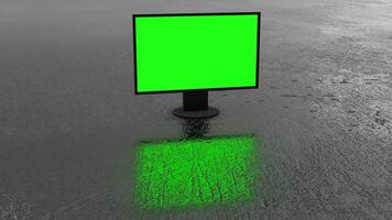 3D Monitor Rotating on a Reflective Background with a Green Screen Display. 4K video