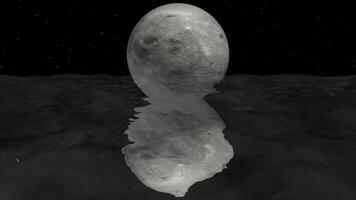 3D moon reflection in the water animation. Moon with stars in back. 4K video