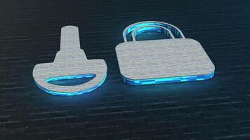 3D Glowing Key and Lock on a Reflective Background. 4K video