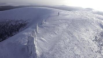 Landscape in sub-zero temperatures from above. Clip.Snowy empty mountains with frozen hills and trees are visible against a bright sky. photo