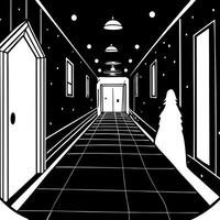 creepy dark corridor perspective in abandoned haunted hotel, mysterious lights, flying ghosty vector