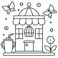 a charming and whimsical outlined scene of a coffee shop shaped as an italian coffee maker, vector
