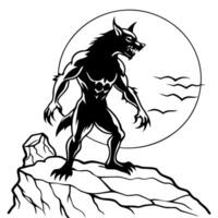 nightmare summit horror werewolf silhouette on moonlit stone cliff - werewolf and a full moon - vector