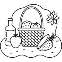 a romantic picnic setting with a blanket, basket, and fresh fruits, illustration line art vector