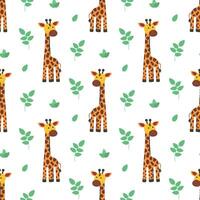 A pattern of giraffes and green leaves on a white background vector