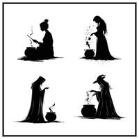 A witch stirring a potion in a cauldron silhouette vector