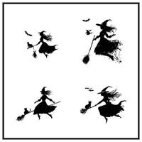 A witch flying with a broomstick and cat silhouette vector