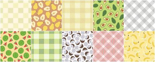Collection of seamless color textile and fruits patterns - summer design. repeatable backgrounds. Vibrant tropical prints. Unusual fabric textures vector