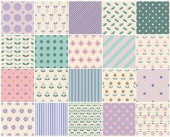 Collection of cute color geometric floral seamless patterns. Delicate dotted and striped textures - repeatable unusual bright backgrounds with flowers and leaves. Textile endless prints vector