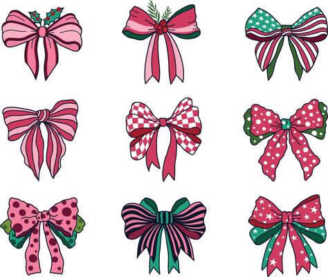 Coquette Christmas Bundle, Handdrawn Christmas Bow Element Illustration, Retro Girly Coquette Style, Bundle included Pokadot, USA Flag, Pink Stipe