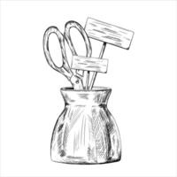 Linear drawing of A pot with scissors and signs. The concept of education, for school supplies, classroom. For office, element of workplace in a business. Illustration of graphic line art vector
