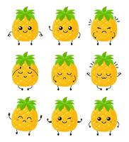 Funny pineapple character with hand drawn cartoon kawaii character vector