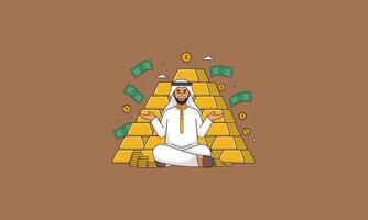 Middle Eastern man sitting in front of gold bars with cash. vector