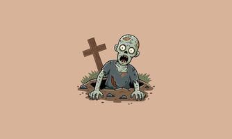Zombie crawling out of grave with cross in background. vector