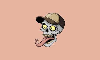 Skull with cap, wide eyes, and tongue sticking out. vector