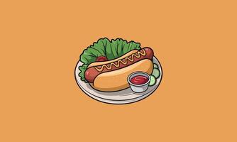 Hot dog with mustard, lettuce, and ketchup on a plate vector