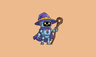 Robot wizard with a staff, wearing a hat and cape vector