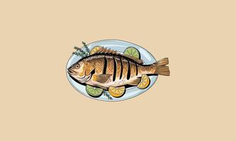 Grilled fish served on a plate with lime and herbs. vector