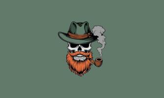 Skull with beard, pipe, and green hat. vector