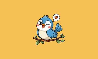 Cute blue bird winking on a branch with a heart bubble. vector