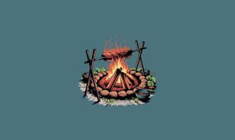 Campfire roasting meat on a spit with vegetables around. vector