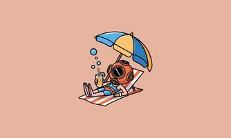 Diver relaxing under an umbrella with a drink. vector