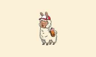 Cute llama wearing a cap with a bag and phone on its back. vector
