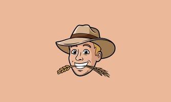 Smiling farmer with hat and wheat in mouth. vector