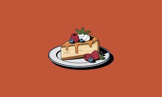 Cheesecake slice topped with berries, mint, and caramel vector