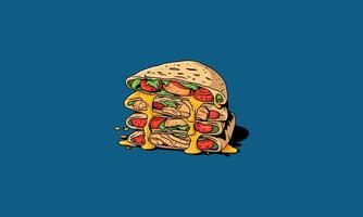 Cheesy stuffed sandwich with layers of veggies and meat. vector