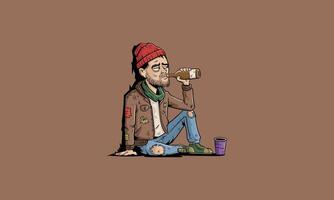 Cartoon man sitting with bottle, wearing a red beanie. vector