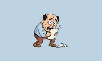 Cartoon man sweating nervously while reading a paper. vector