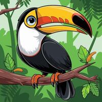 Cartoon toucan bird with a vibrant beak perched on a branch. vector