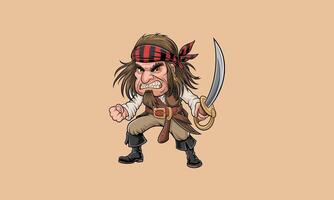 Cartoon pirate with sword, angry expression, and red bandana. vector