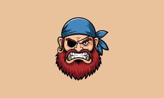 Cartoon pirate head with eyepatch, red beard, and fierce expression. vector