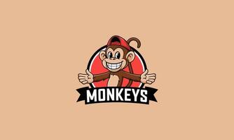 Cheerful monkey in a red cap logo with open arms. vector