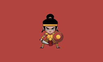 Determined warrior holding a shield and sword in armor. vector