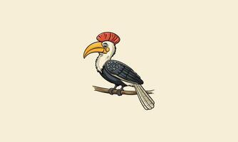 Cartoon hornbill bird perched on a branch with a colorful beak. vector
